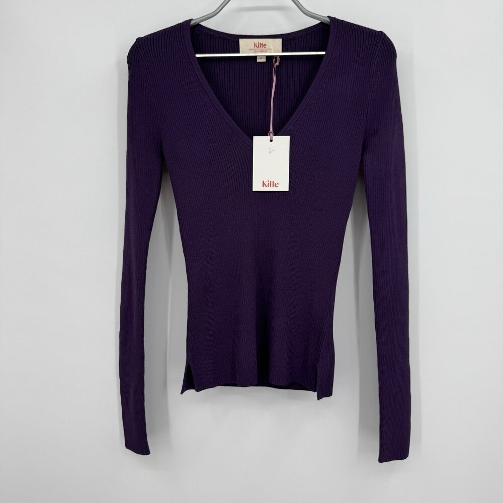 Kilte Collection The Marlee Rib Knit V-Neck Sweater size 0 XS Plum Purple Rayon